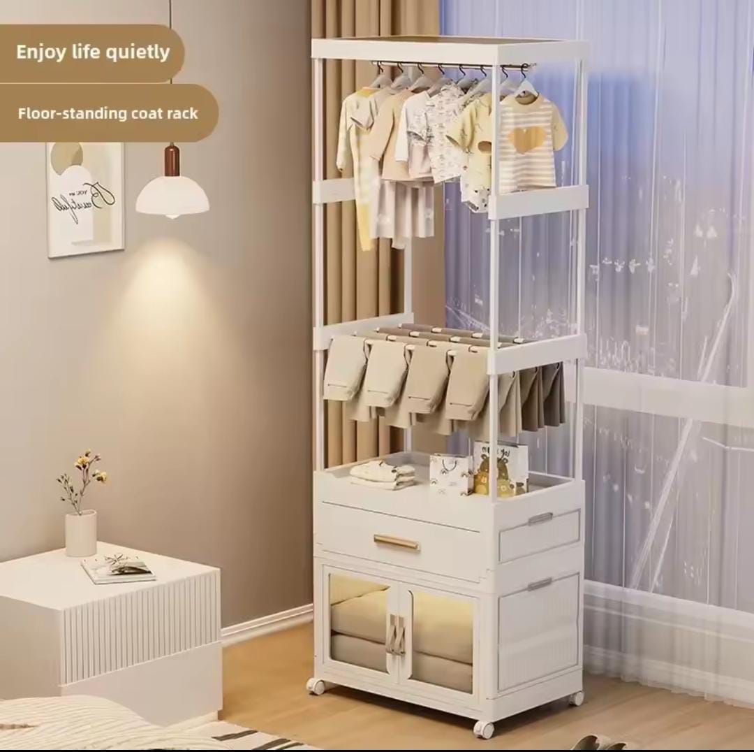 Portable wardrobe with caninet and clothes hanger.  Light weight Moveable