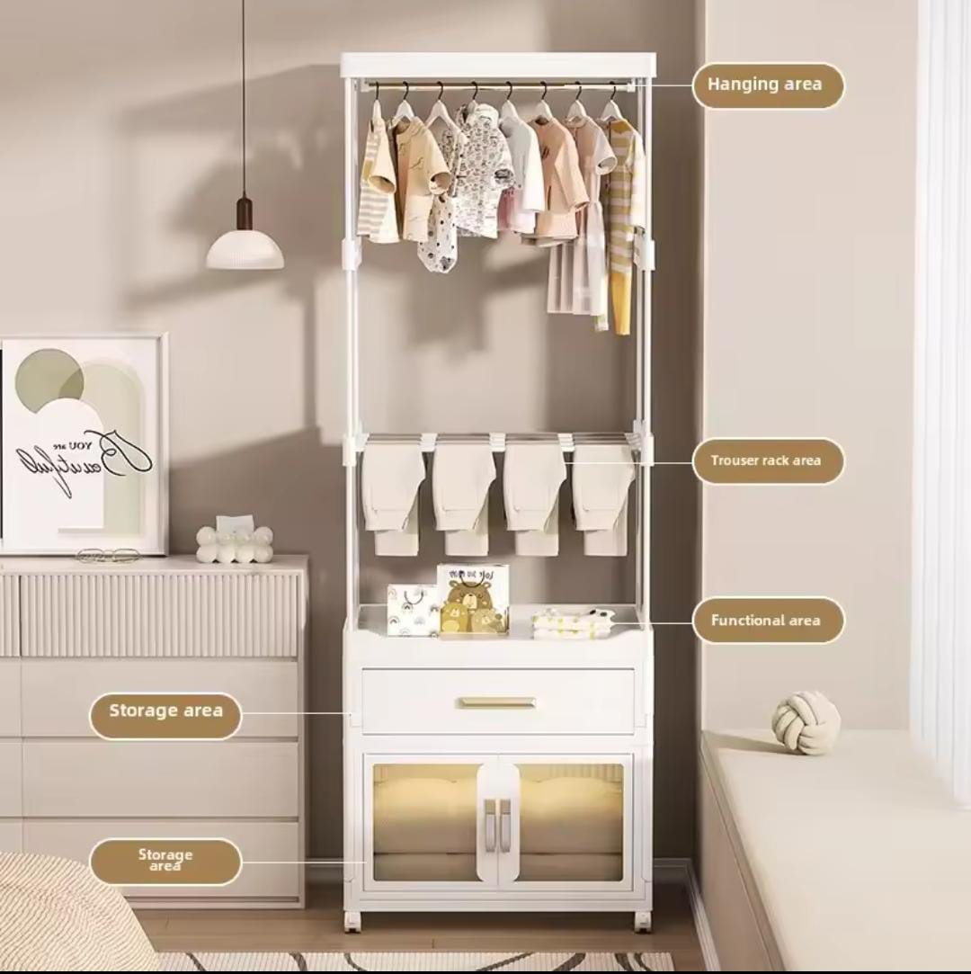 Portable wardrobe with caninet and clothes hanger.  Light weight Moveable